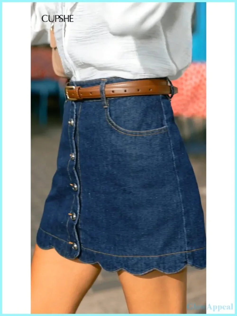 CUPSHE Women's Denim Mini Skirt Button Front A-Line Scalloped Jeans